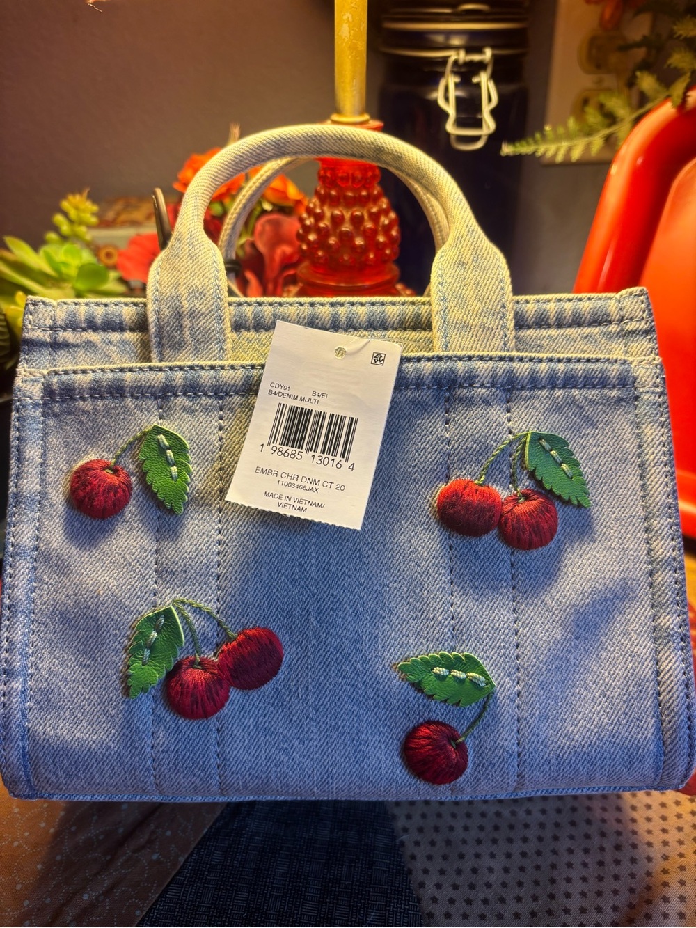 COACH CHERRY DENIM CARGO TOTE BAG - Picture 2 of 11